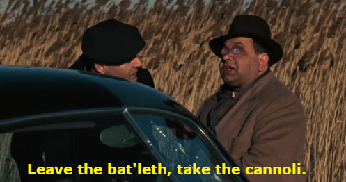 Klingmenza (to Rocco): "Leave the bat'leth, take the cannoli".